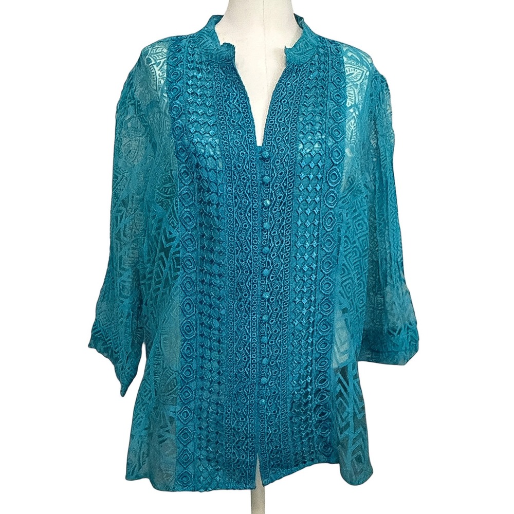 Multiples Teal Burnout Lace Trim Button Front Blouse XL Boho Sheer Top